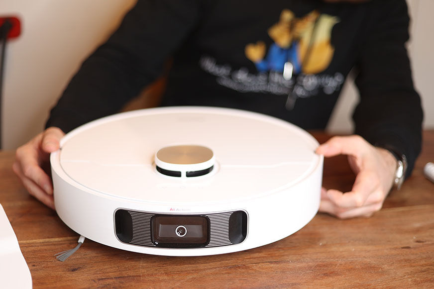 The Dreame L10s Ultra robot vacuum cleaner can be seen up close from the front.